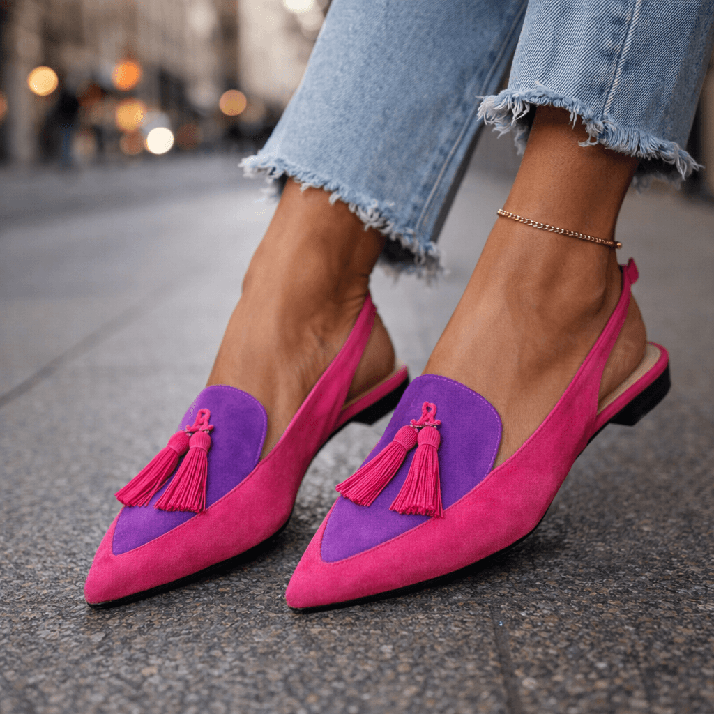 Women's Two-Tone Suede Flat Mules with Pompom Detail 2