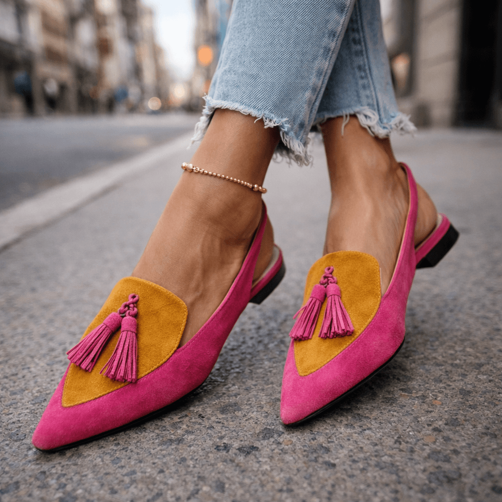 Women's Two-Tone Suede Flat Mules with Pompom Detail 4