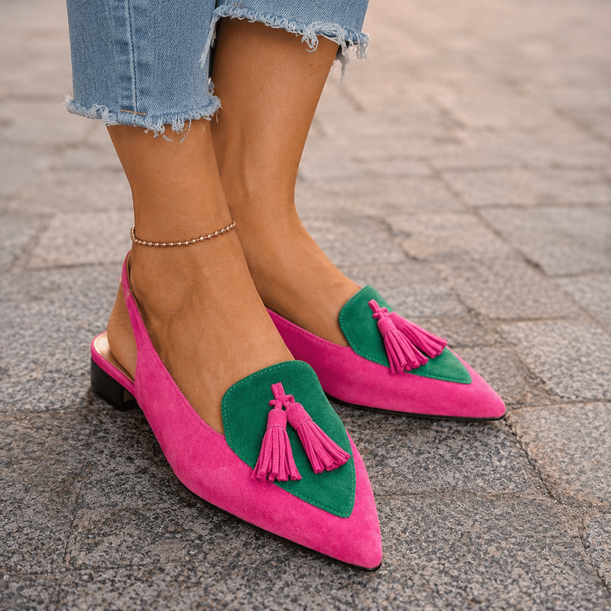 Women's Two-Tone Suede Flat Mules with Pompom Detail 03