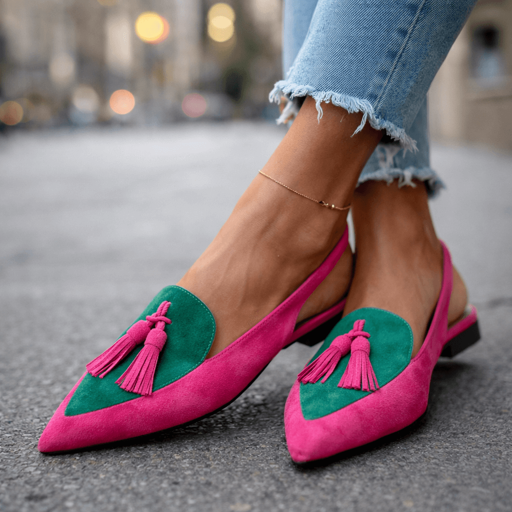 Women's Two-Tone Suede Flat Mules with Pompom Detail 7