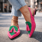 Women's Two-Tone Suede Flat Mules with Pompom Detail 8