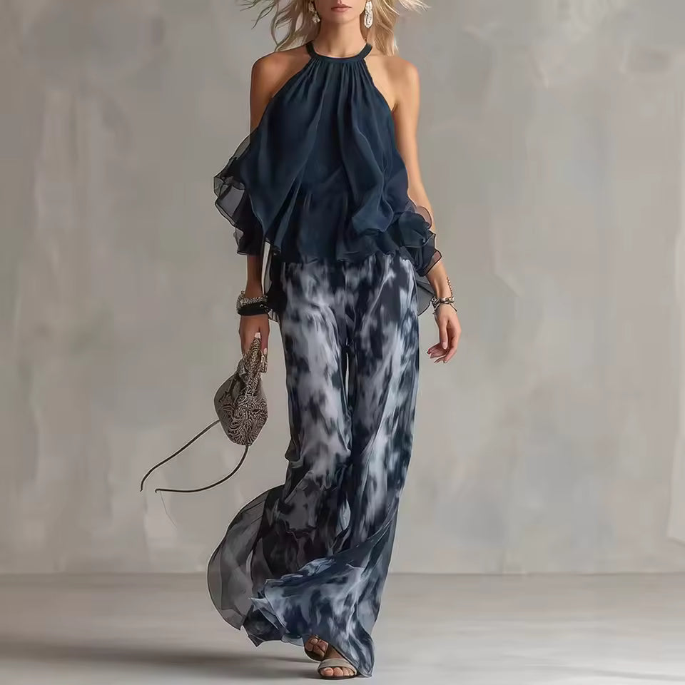 Women’s Two Piece Set with Halter Neck and Artistic Print Trousers 0