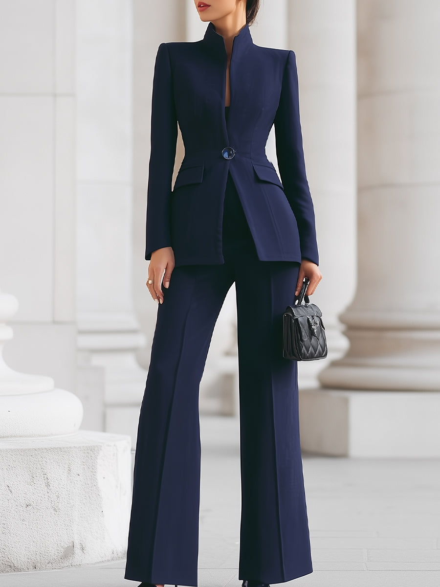 Women’s Two Piece Suit Set with Stand Collar Blazer and Wide Leg Pants 0