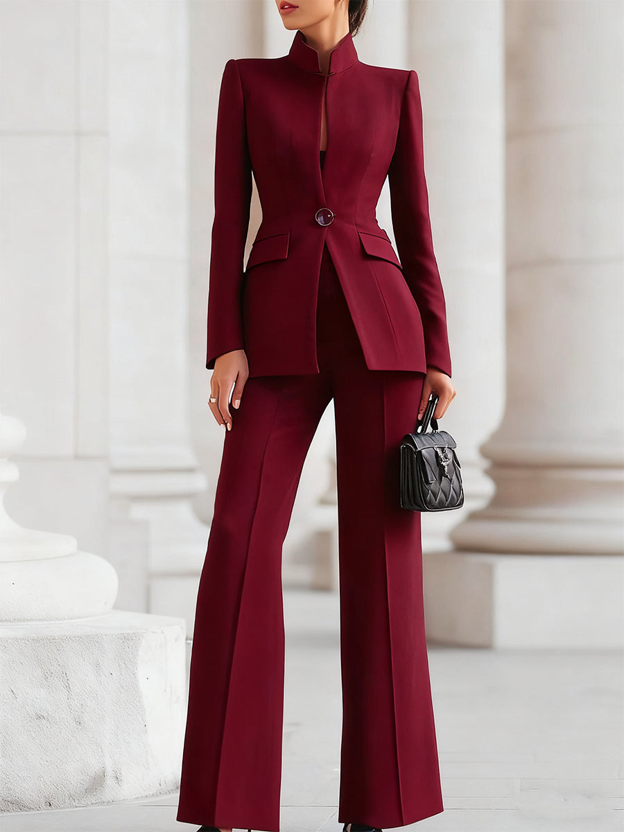Women’s Two Piece Suit Set with Stand Collar Blazer and Wide Leg Pants 3