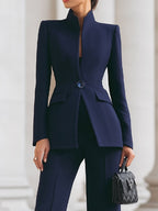 Women’s Two Piece Suit Set with Stand Collar Blazer and Wide Leg Pants 5
