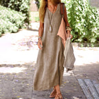 Women’s V-Neck Linen Maxi Dress with Sleeveless Design for Summer Comfort 0