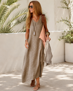 Women’s V-Neck Linen Maxi Dress with Sleeveless Design for Summer Comfort 04
