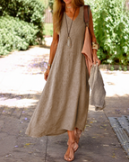 Women’s V-Neck Linen Maxi Dress with Sleeveless Design for Summer Comfort 05