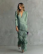 Women’s V-Neck Maxi Dress with Fringe Detail 0