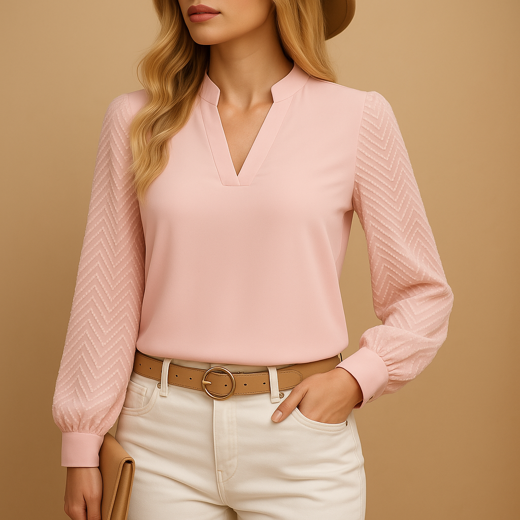 Women’s V-Neck Top with Flowy Fit in Soft Neutral Tones for Everyday Wear 0