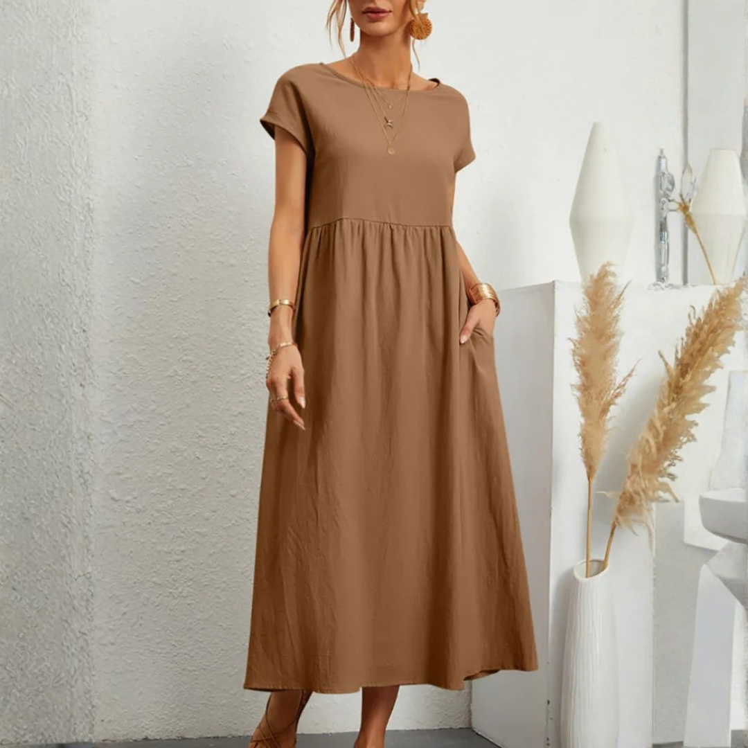 Women’s Vintage Loose Fit Maxi Dress in Cotton Linen with O-Neck and Short Sleeves 0