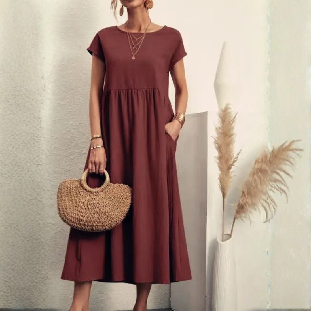 Women’s Vintage Loose Fit Maxi Dress in Cotton Linen with O-Neck and Short Sleeves 10