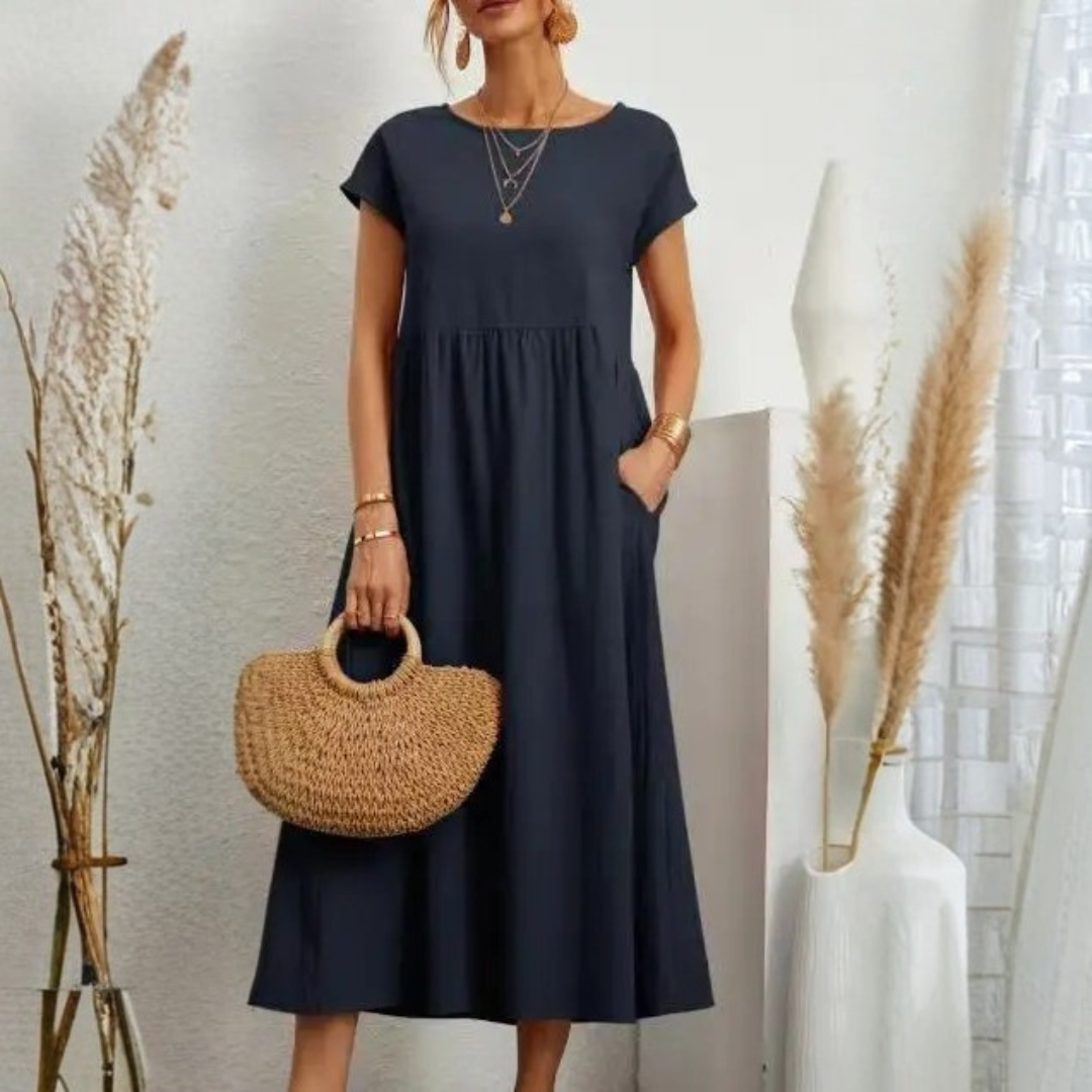 Women’s Vintage Loose Fit Maxi Dress in Cotton Linen with O-Neck and Short Sleeves 11