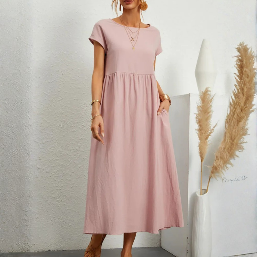 Women’s Vintage Loose Fit Maxi Dress in Cotton Linen with O-Neck and Short Sleeves 12