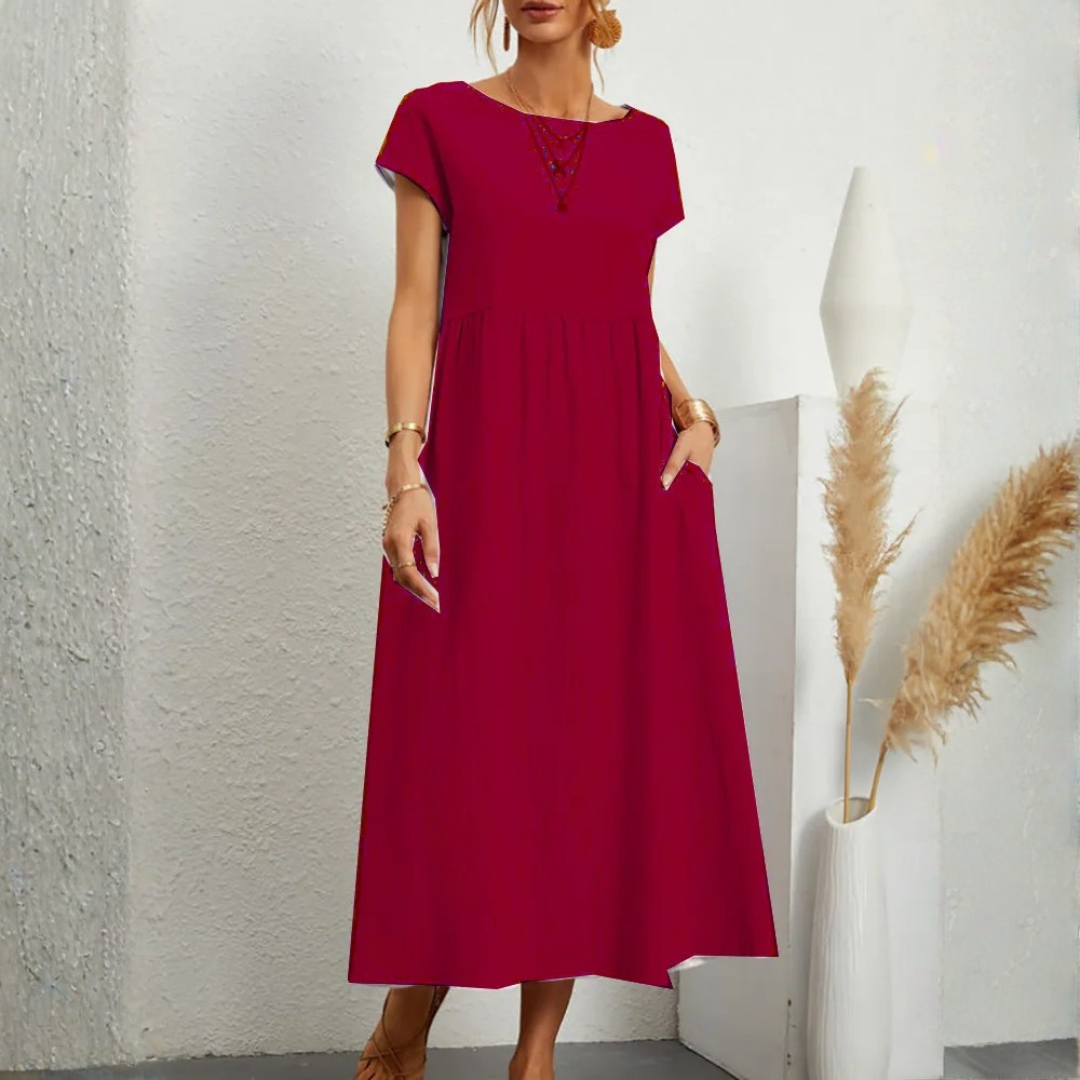 Women’s Vintage Loose Fit Maxi Dress in Cotton Linen with O-Neck and Short Sleeves 2