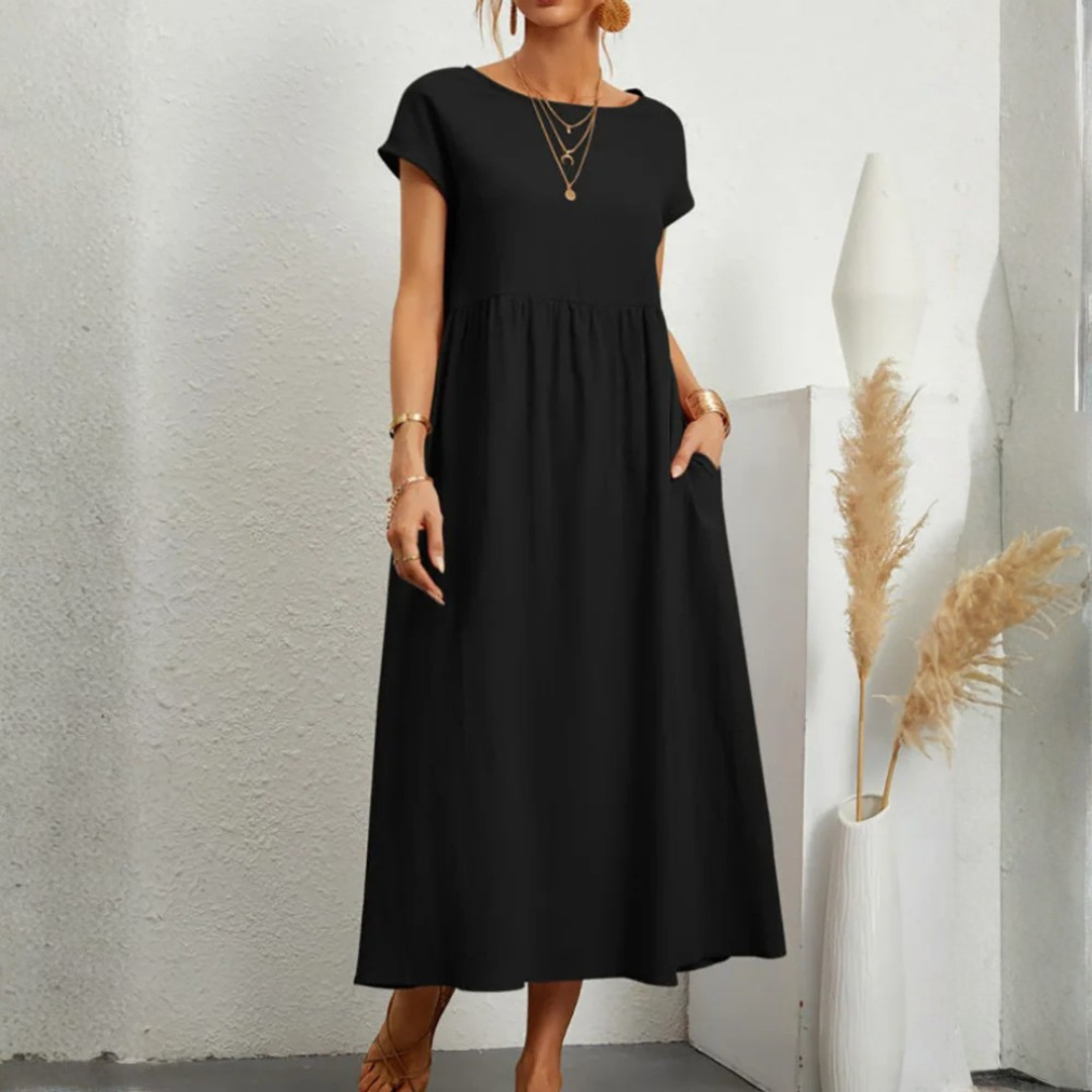 Women’s Vintage Loose Fit Maxi Dress in Cotton Linen with O-Neck and Short Sleeves 3