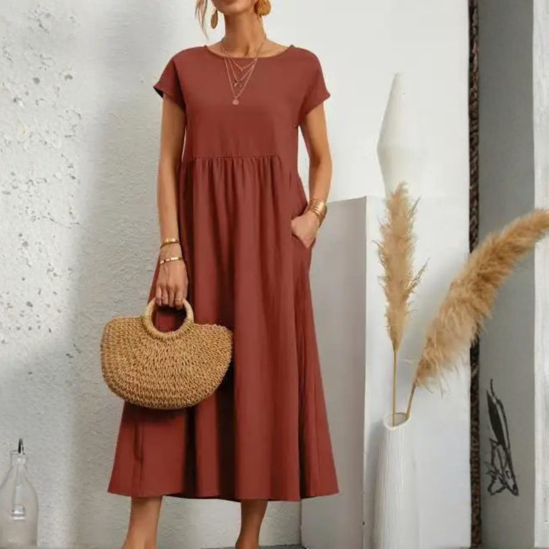 Women’s Vintage Loose Fit Maxi Dress in Cotton Linen with O-Neck and Short Sleeves 4