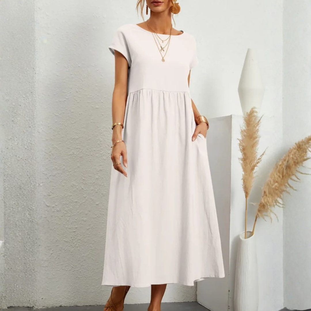 Women’s Vintage Loose Fit Maxi Dress in Cotton Linen with O-Neck and Short Sleeves 5