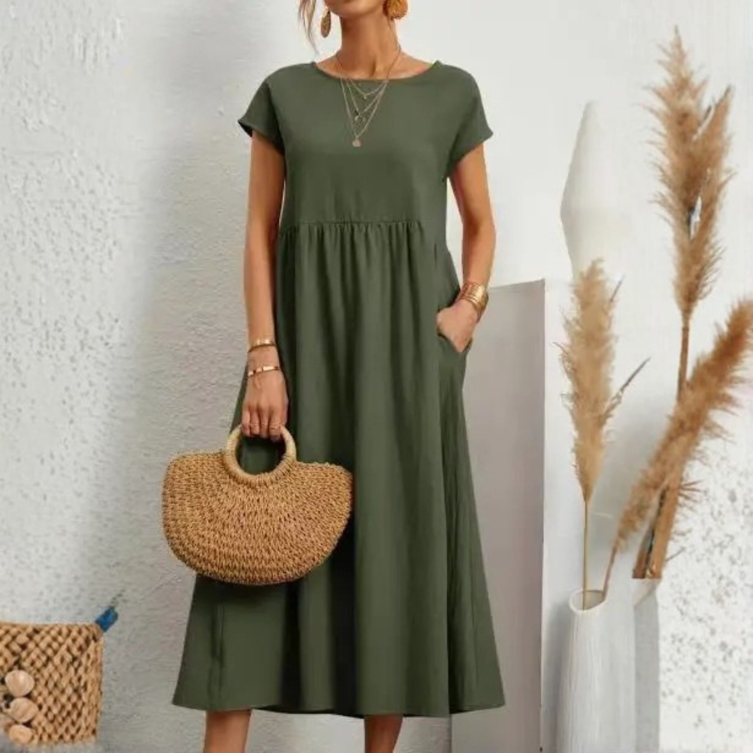 Women’s Vintage Loose Fit Maxi Dress in Cotton Linen with O-Neck and Short Sleeves 6