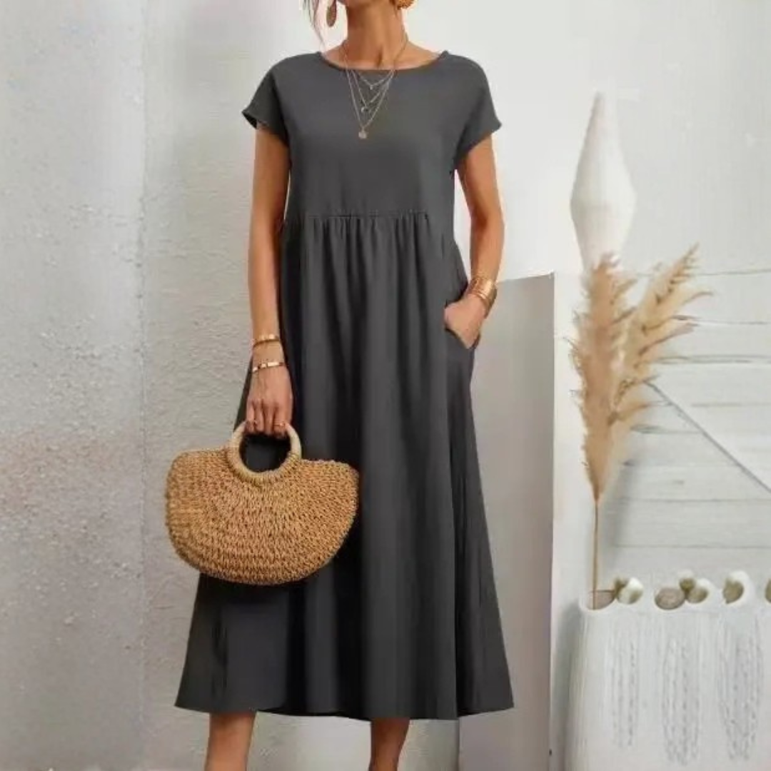 Women’s Vintage Loose Fit Maxi Dress in Cotton Linen with O-Neck and Short Sleeves 7