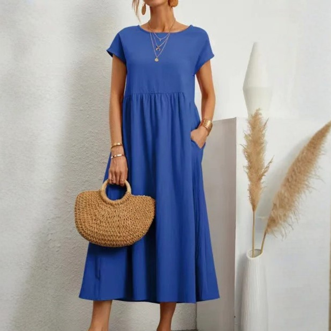 Women’s Vintage Loose Fit Maxi Dress in Cotton Linen with O-Neck and Short Sleeves 8