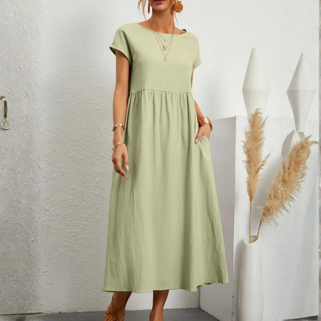 Women’s Vintage Loose Fit Maxi Dress in Cotton Linen with O-Neck and Short Sleeves 9