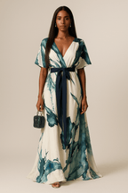 Women’s Watercolor Maxi Dress with V-Neck and Adjustable Waist for Summer Occasions 0
