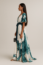 Women’s Watercolor Maxi Dress with V-Neck and Adjustable Waist for Summer Occasions 1