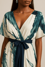 Women’s Watercolor Maxi Dress with V-Neck and Adjustable Waist for Summer Occasions 2
