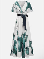 Women’s Watercolor Maxi Dress with V-Neck and Adjustable Waist for Summer Occasions 5