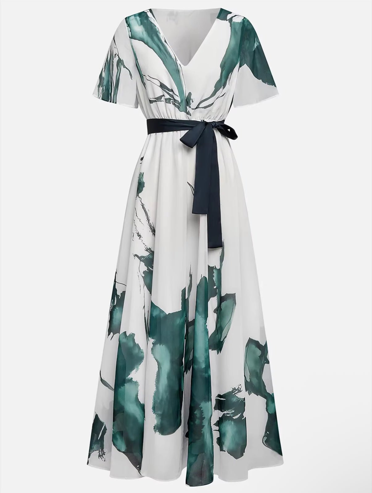 Women’s Watercolor Maxi Dress with V-Neck and Adjustable Waist for Summer Occasions 5