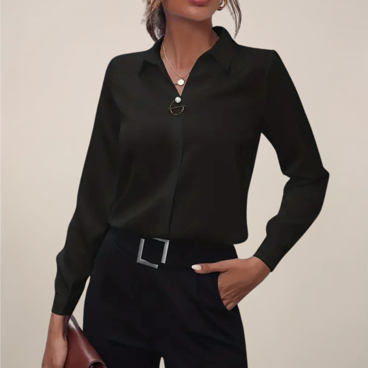 Women’s White Long Sleeve Blouse with Button-Accented Neckline and Collar 0