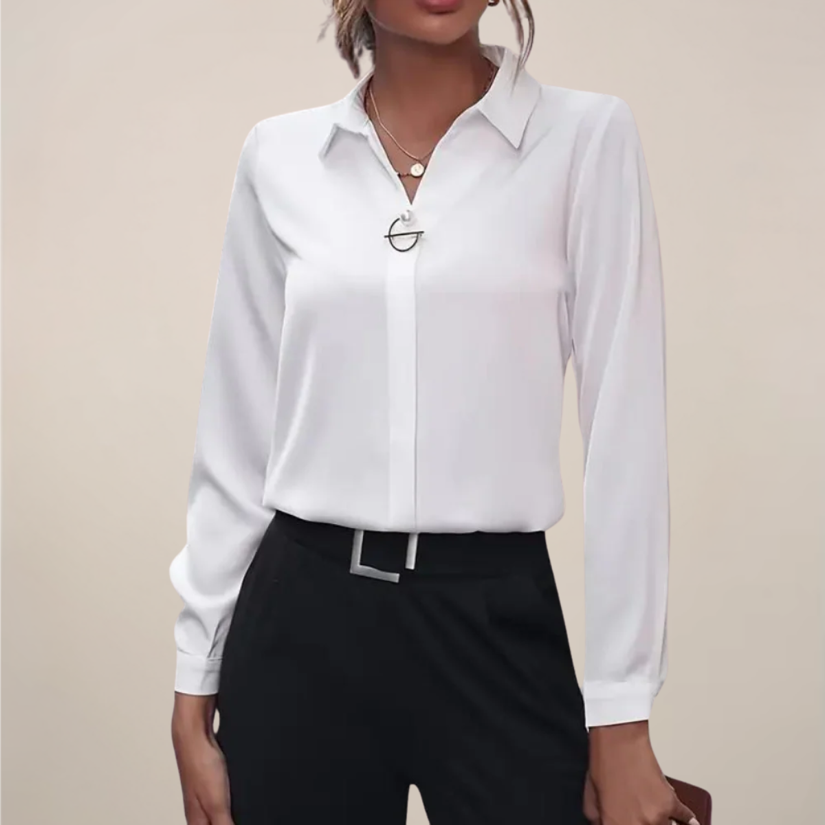 Women’s White Long Sleeve Blouse with Button-Accented Neckline and Collar 1