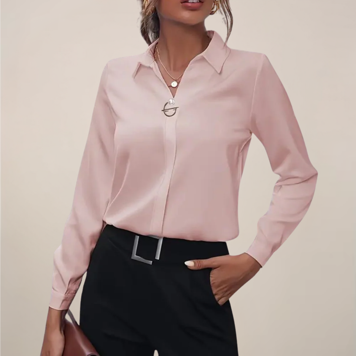 Women’s White Long Sleeve Blouse with Button-Accented Neckline and Collar 3