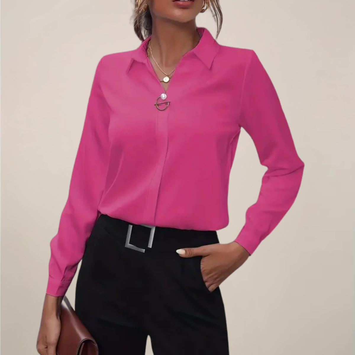 Women’s White Long Sleeve Blouse with Button-Accented Neckline and Collar 4