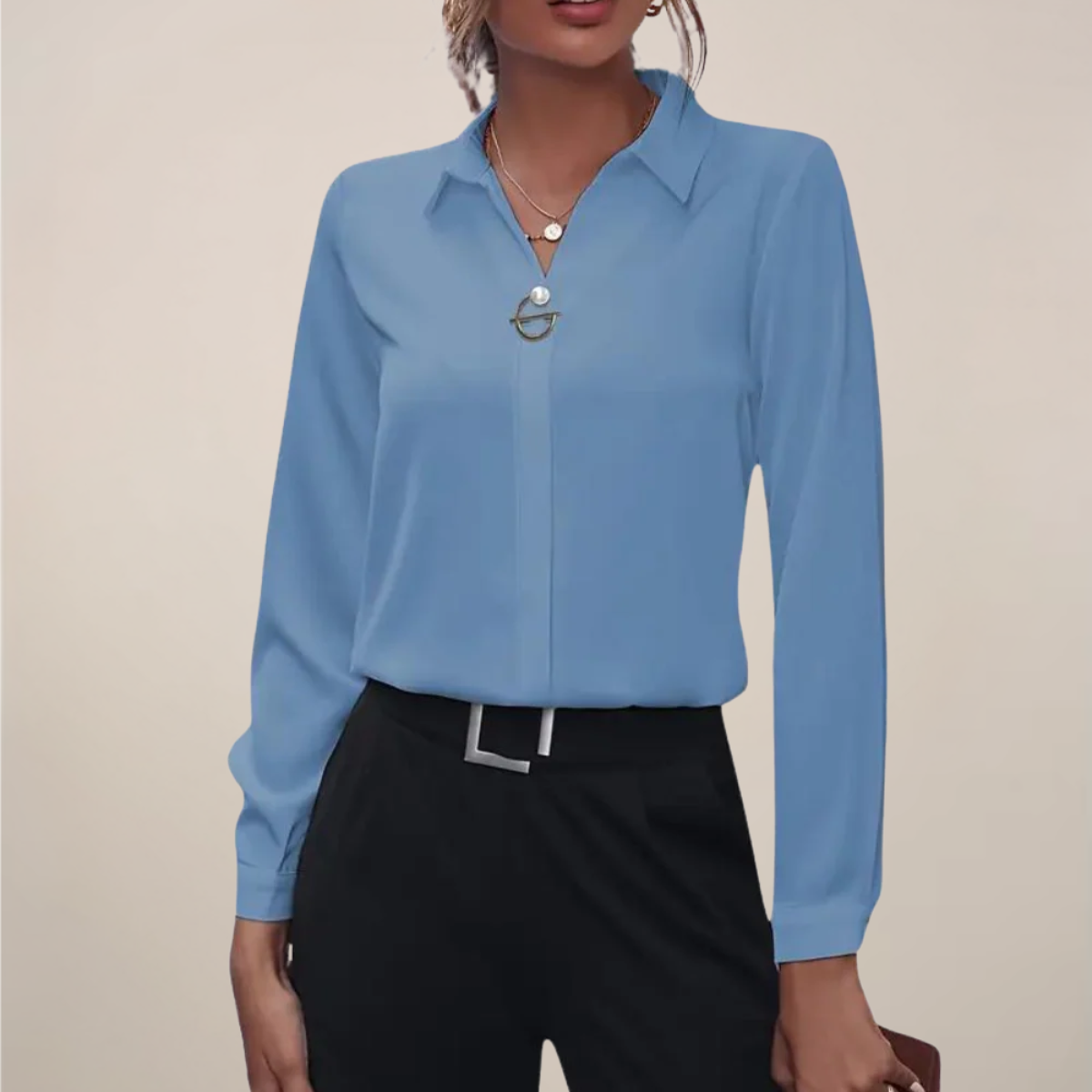 Women’s White Long Sleeve Blouse with Button-Accented Neckline and Collar 5