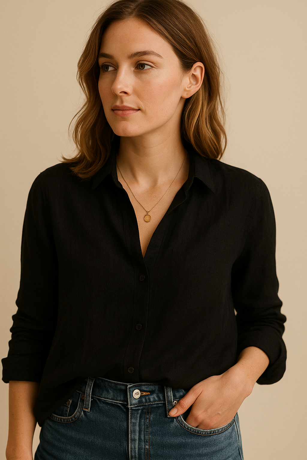 Women’s White Long Sleeve Blouse with Revere Collar and Relaxed Fit 1