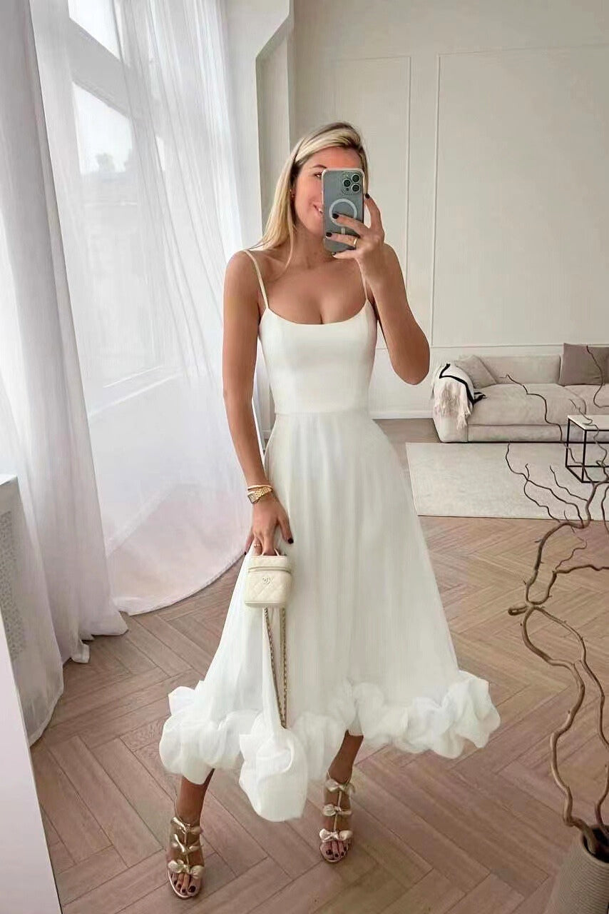 Women’s White Midi Dress with Spaghetti Straps and Ruffle Hem 3