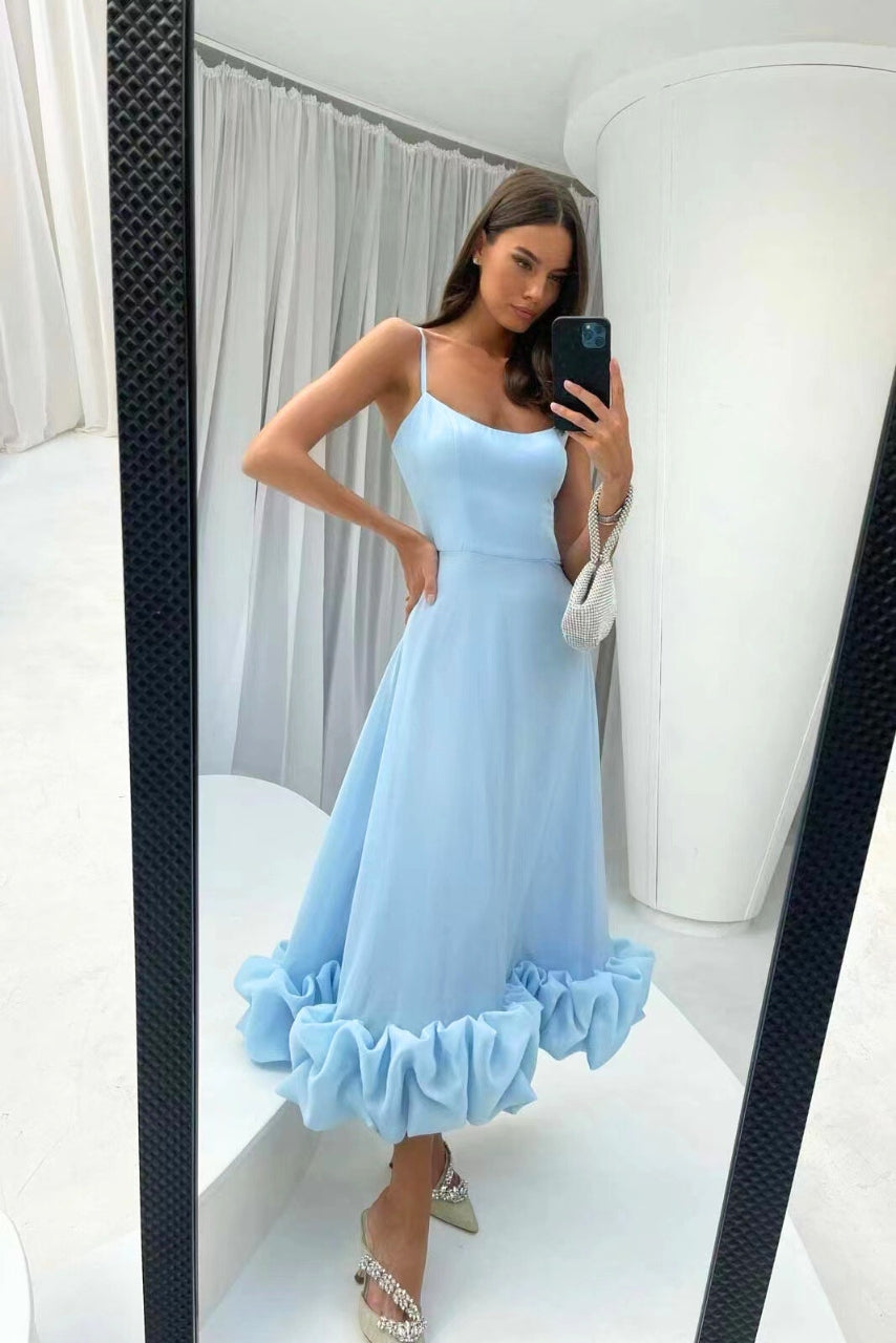 Women’s White Midi Dress with Spaghetti Straps and Ruffle Hem 5