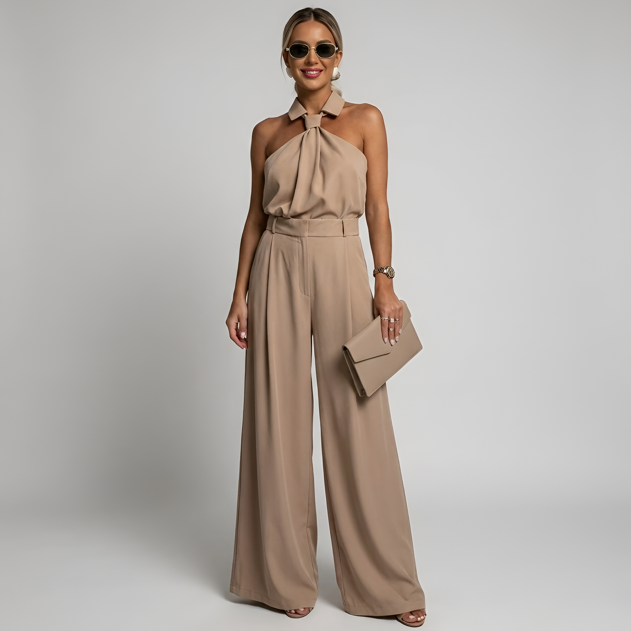 Women's Wide Leg Jumpsuit in White with Halter Neck and Twist Front Design 0