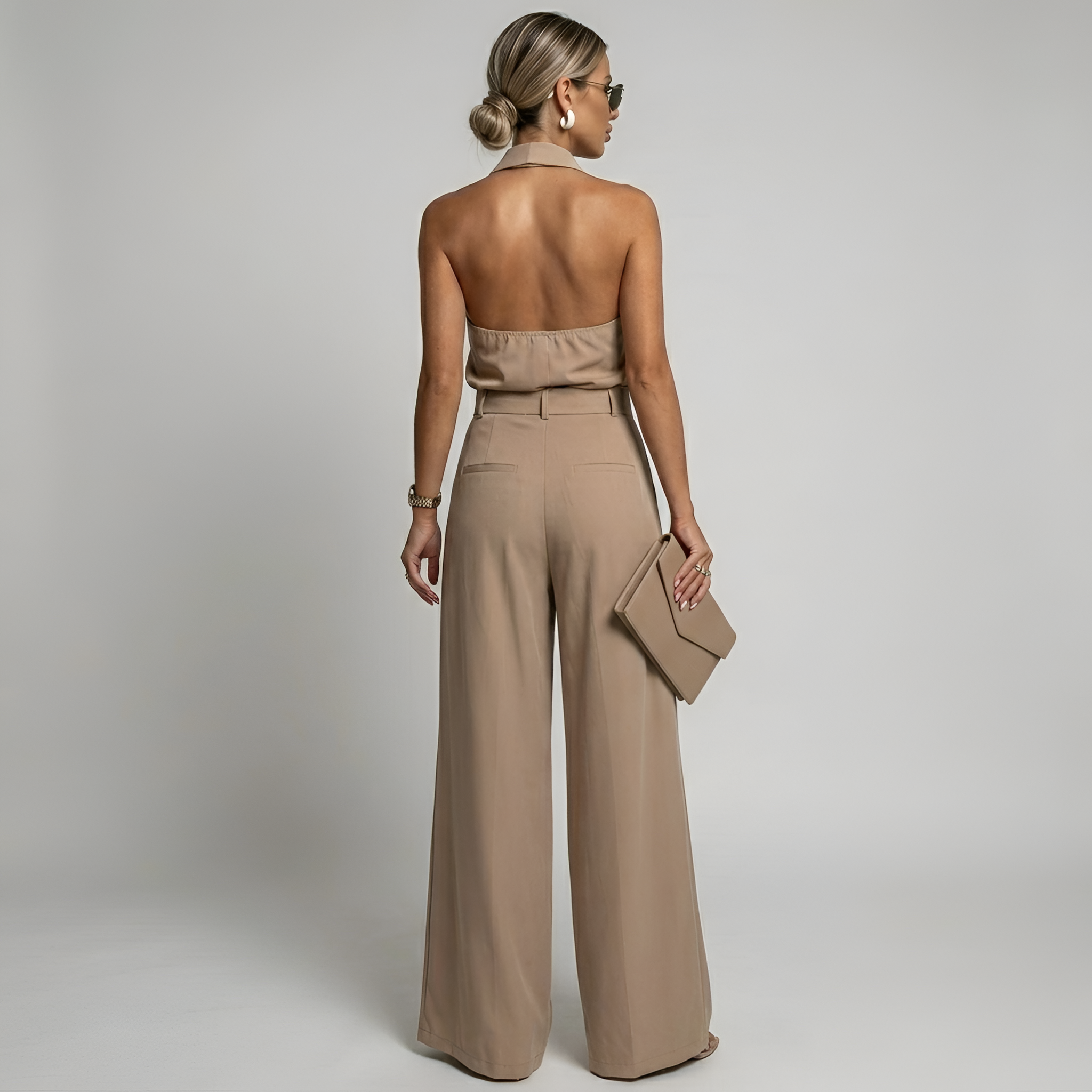 Women's Wide Leg Jumpsuit in White with Halter Neck and Twist Front Design 2