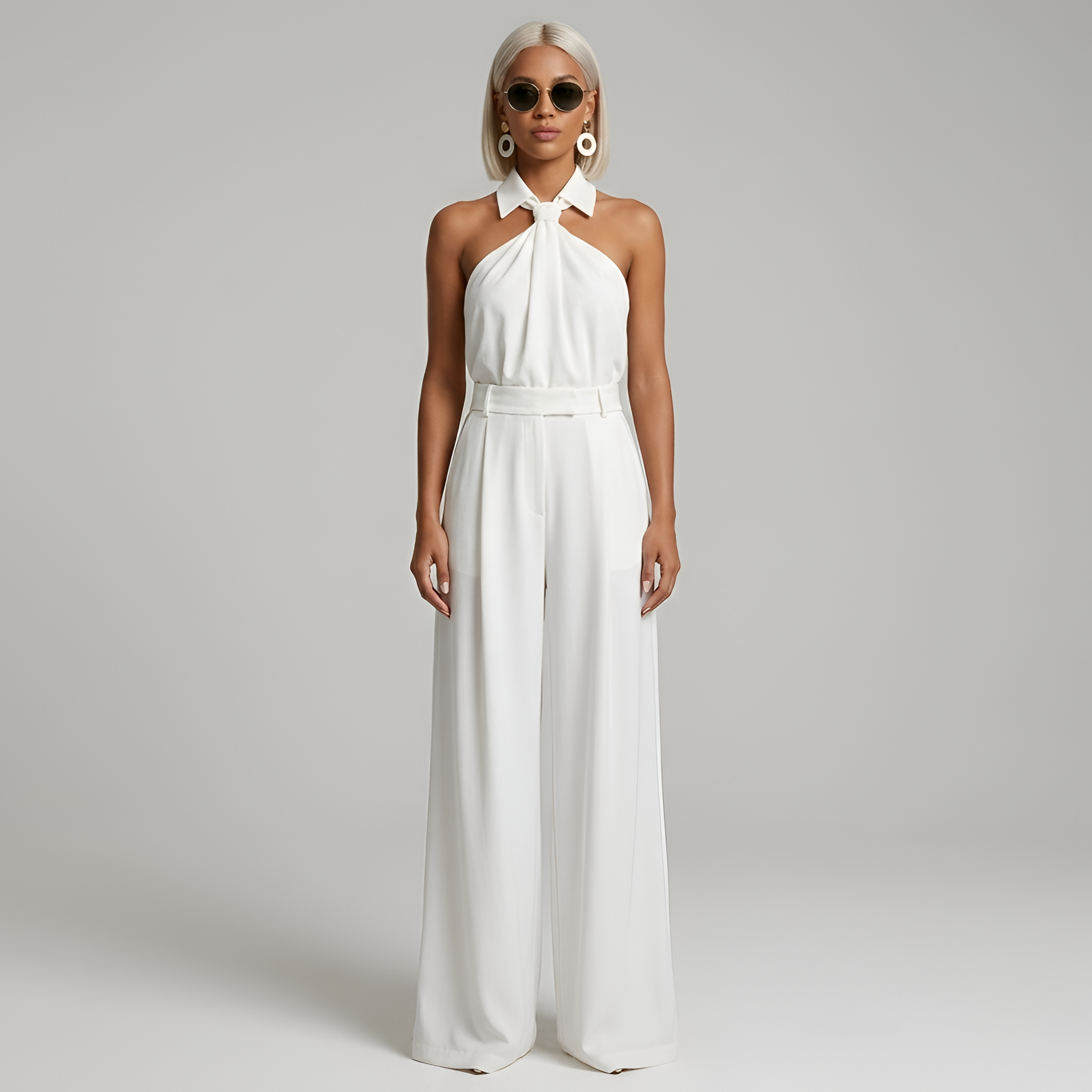 Women's Wide Leg Jumpsuit in White with Halter Neck and Twist Front Design 3