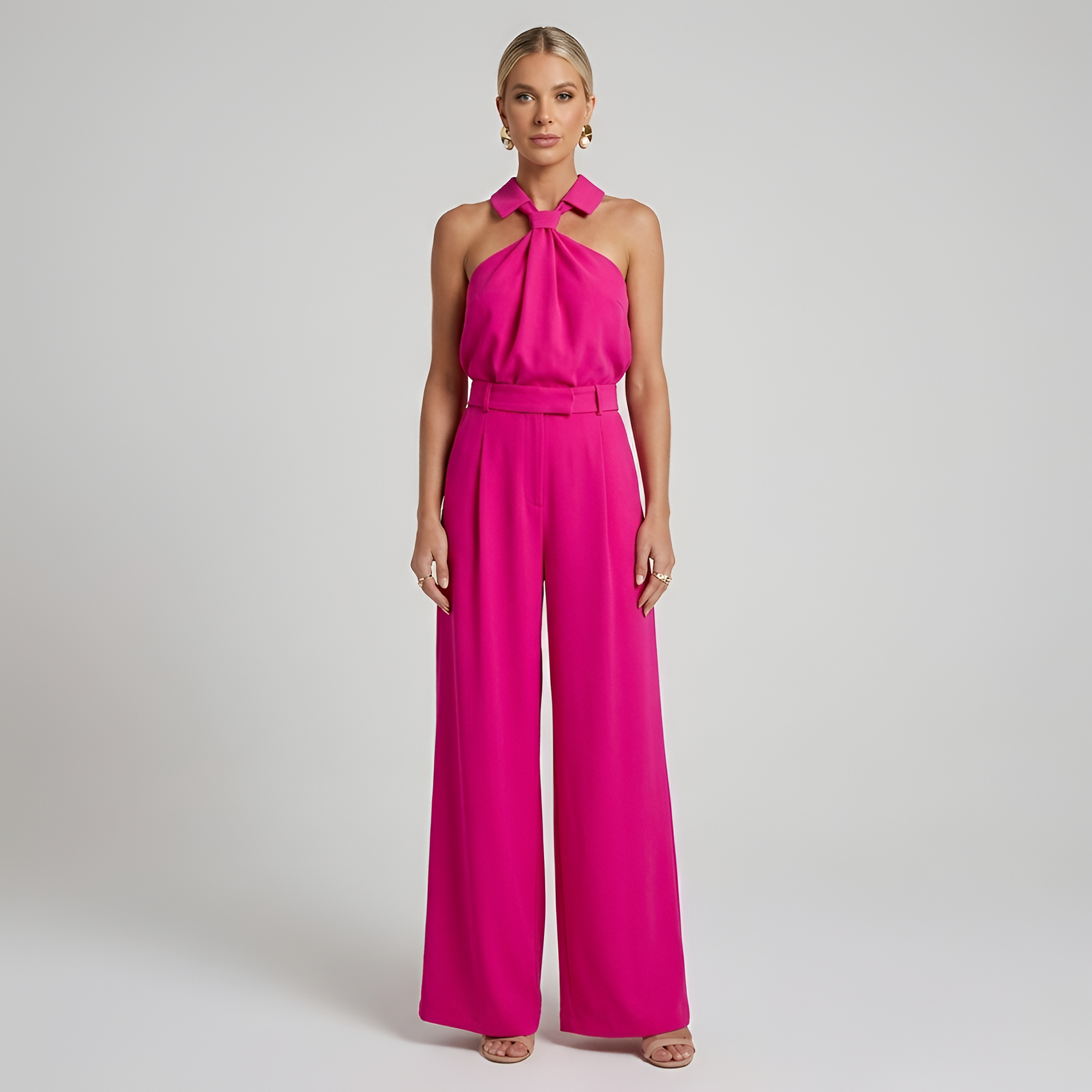 Women's Wide Leg Jumpsuit in White with Halter Neck and Twist Front Design 4
