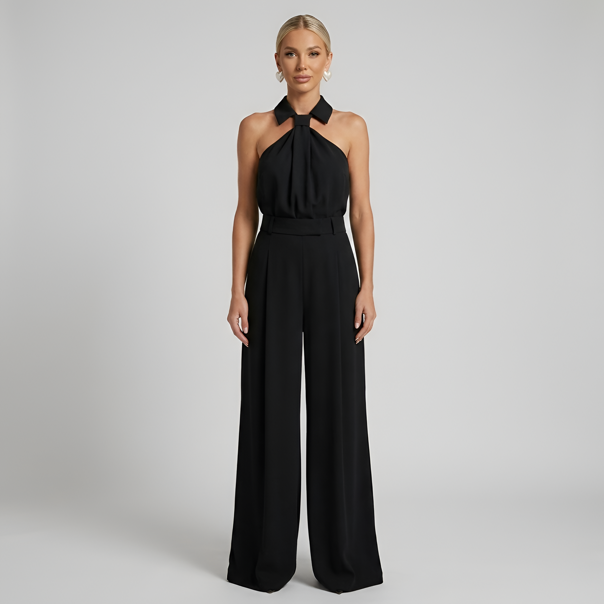 Women's Wide Leg Jumpsuit in White with Halter Neck and Twist Front Design 5