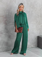 Women’s Wide Leg Jumpsuit with Mock Neck and Cape Sleeves 1