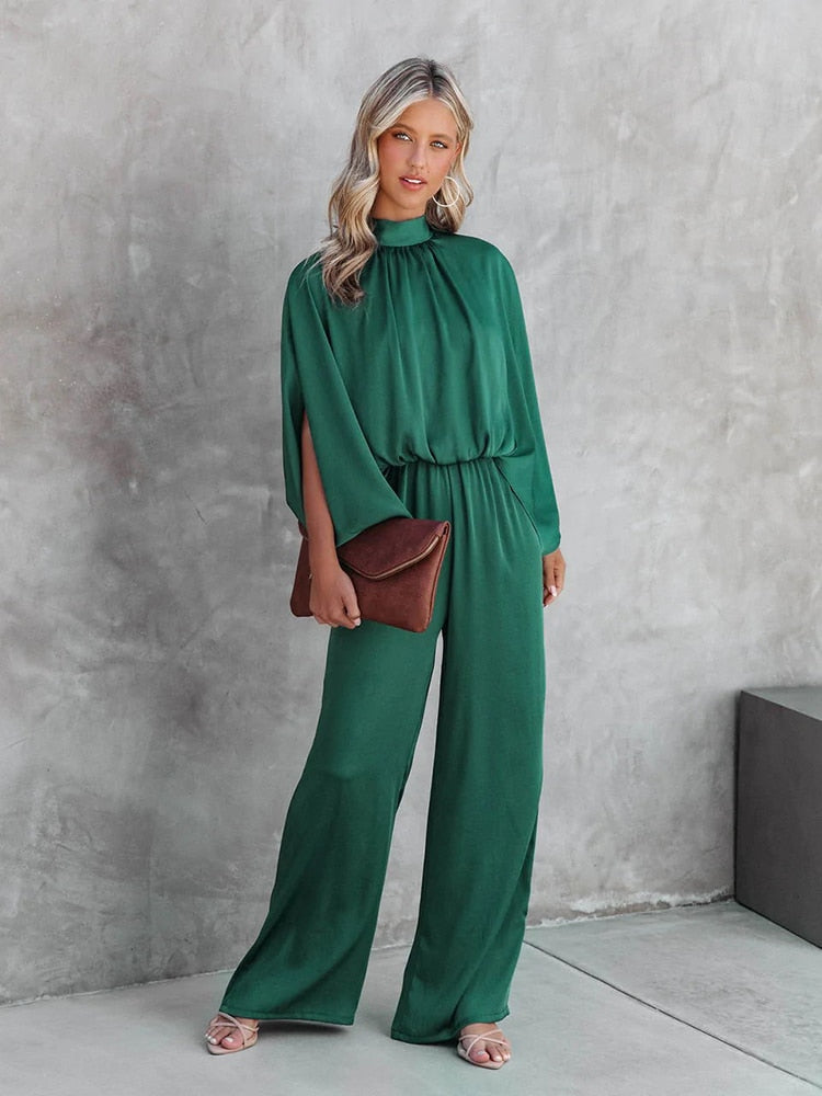 Women’s Wide Leg Jumpsuit with Mock Neck and Cape Sleeves 1