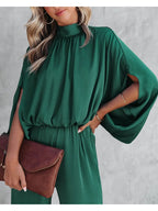 Women’s Wide Leg Jumpsuit with Mock Neck and Cape Sleeves 2
