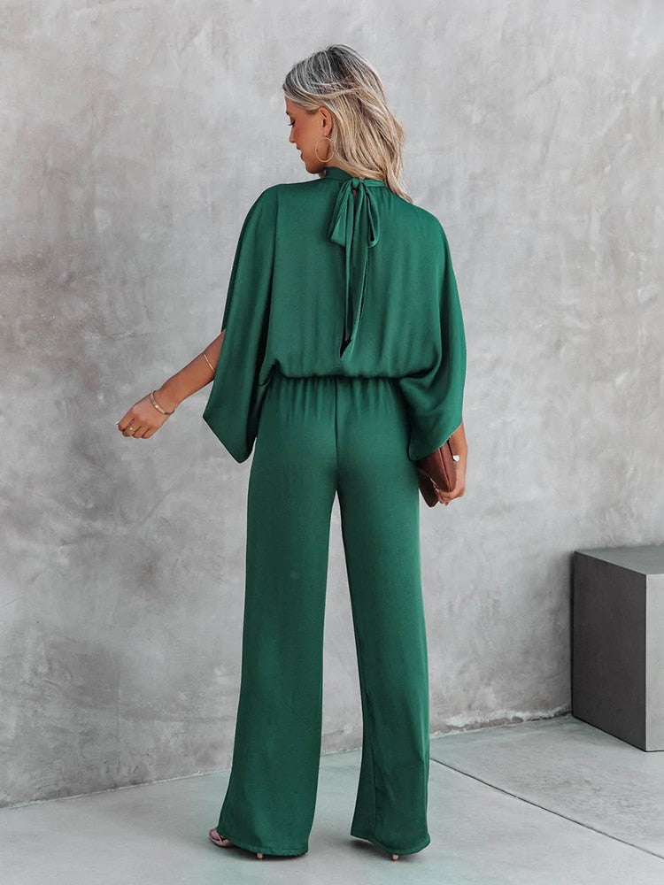 Women’s Wide Leg Jumpsuit with Mock Neck and Cape Sleeves 3