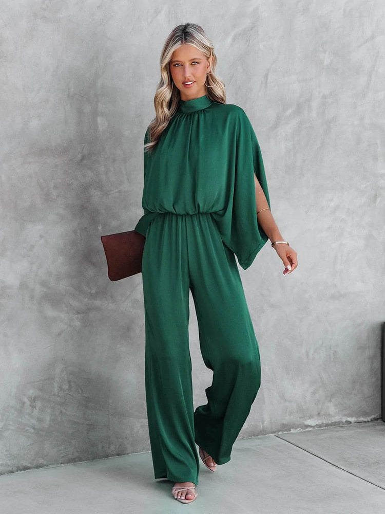 Women’s Wide Leg Jumpsuit with Mock Neck and Cape Sleeves 4