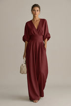 Women’s Wide Leg Jumpsuit with V-Neck and Three-Quarter Sleeves 0